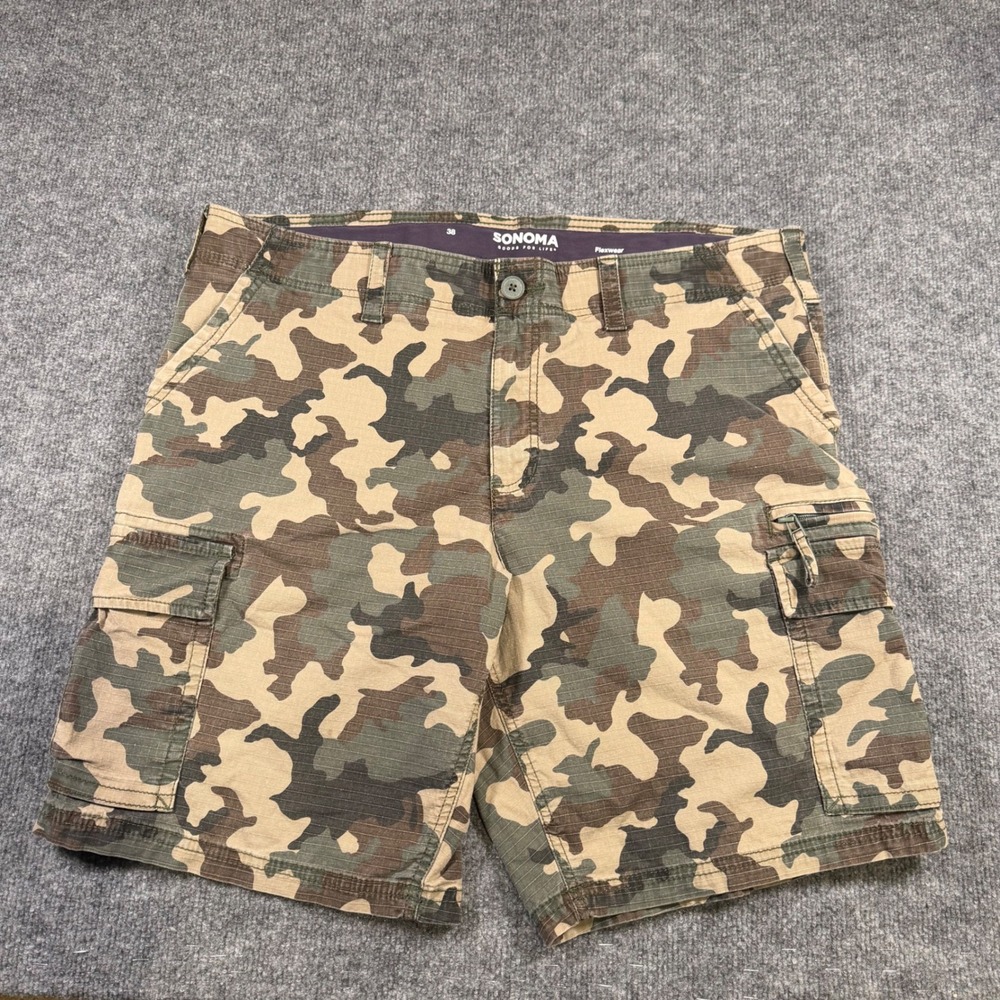 Sonoma Mens Baggy Camo Cargo Shorts Sz 38 Flexwear Ripstop Green Brown